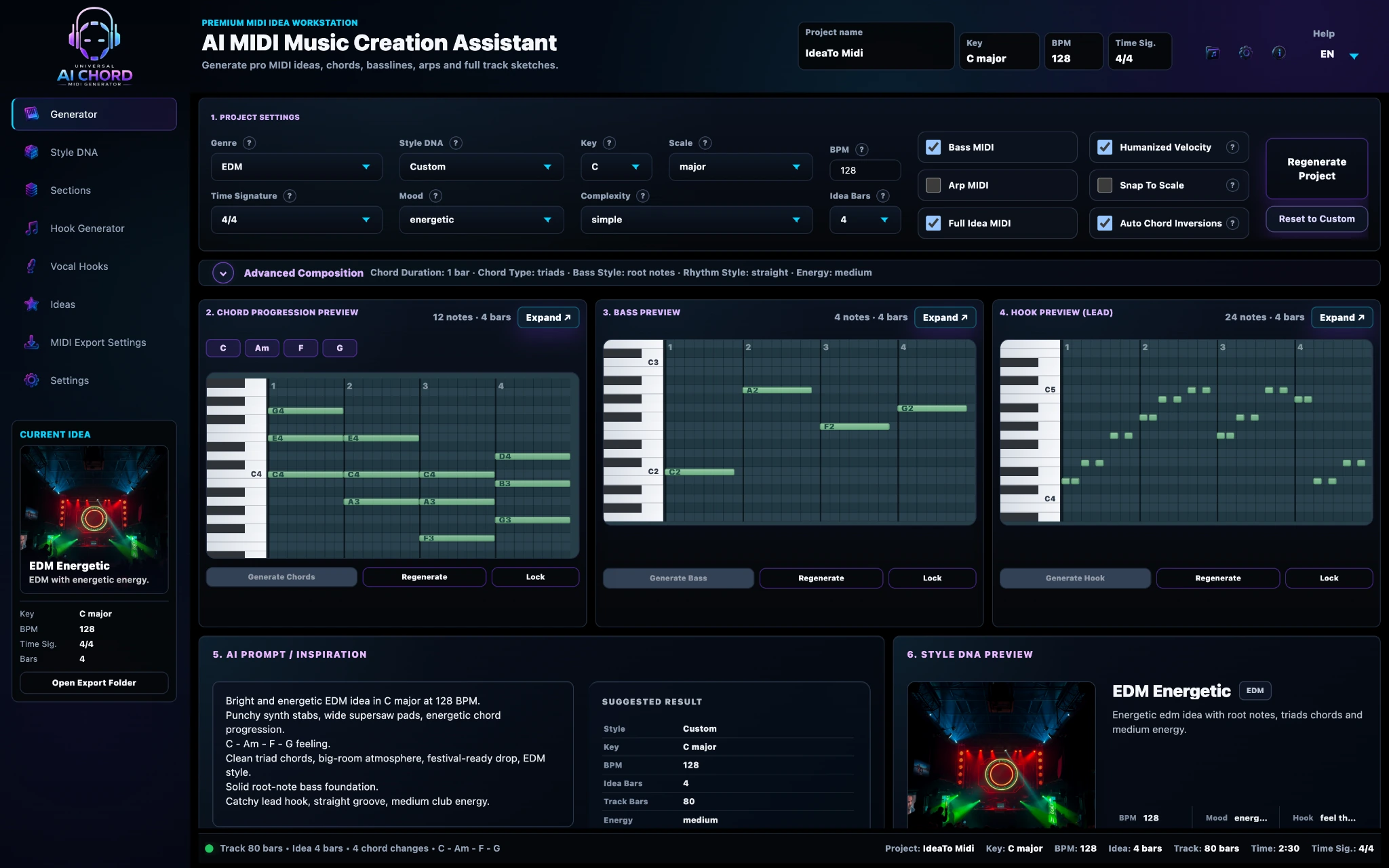 Generator-Dashboard mit professionellen Piano-Roll-Vorschauen für Akkorde, Bass und Hook